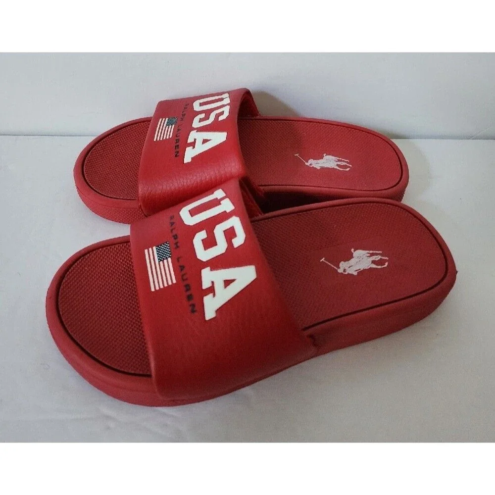 Polo Ralph Lauren IVER Slides Sandals Flag USA Eva Red Grade School Kids Size 11